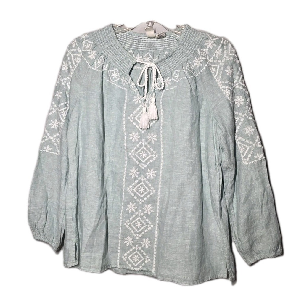 Joie Womens Sz S Green Linen Embroidered Boho Peasant Blouse Top Tassel V-Neck